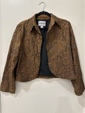 Chicos Beaded Sequin Jacket Brown Silk Blend Embellished Open Front Blazer